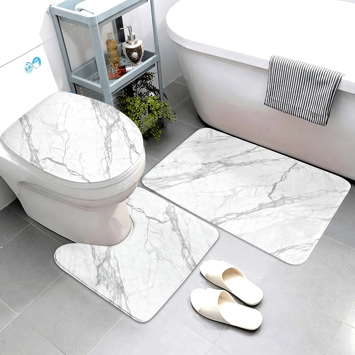 3PCS Marble Bath Mat Set  Non-Slip Machine Washable Includes Floor Mat & Toilet Cover Christmas Decor Polyester Bathroom Upgrade