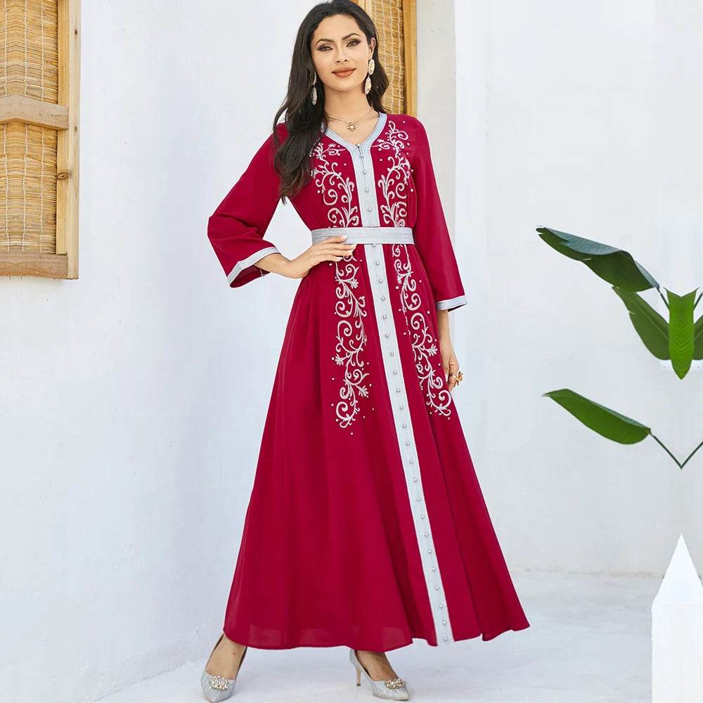 Muslim Fashion Beading Ebroidered Print V-neck long-sleeved Dress Moroccan Islamic Dress With Belt Elegant Party Dress - AIAZ
