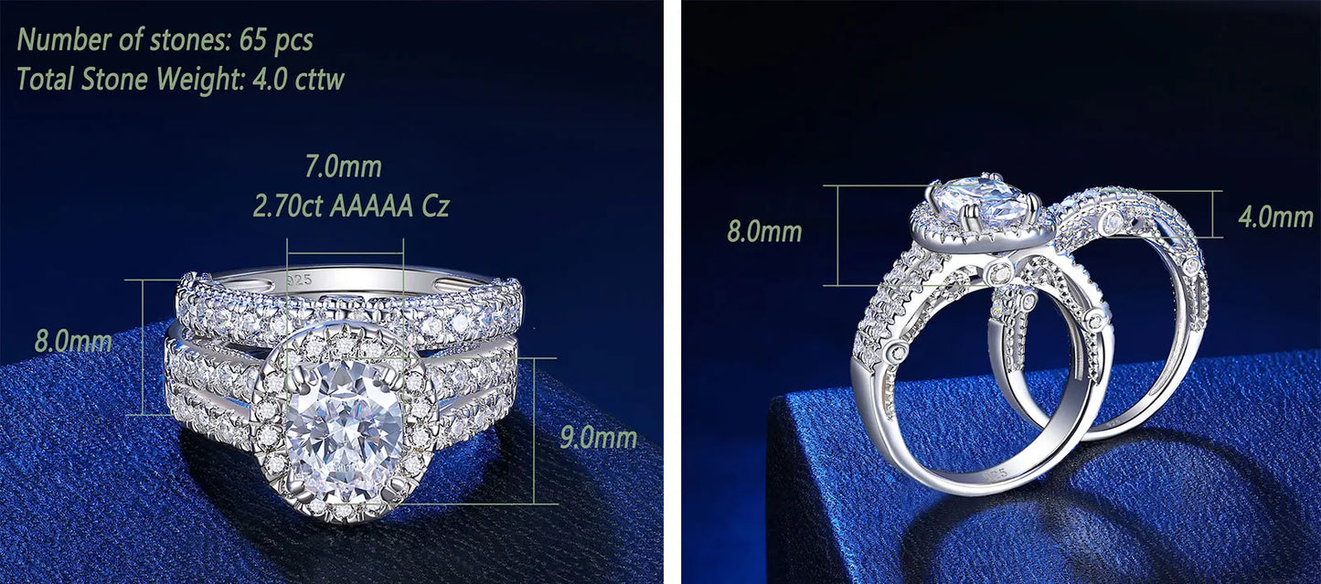 Newshe Vintage 4 Carats Oval Cut 5A Cubic Zircon Wedding Engagement Rings Set for Women Solid 925 Sterling Silver Bridal Jewelry