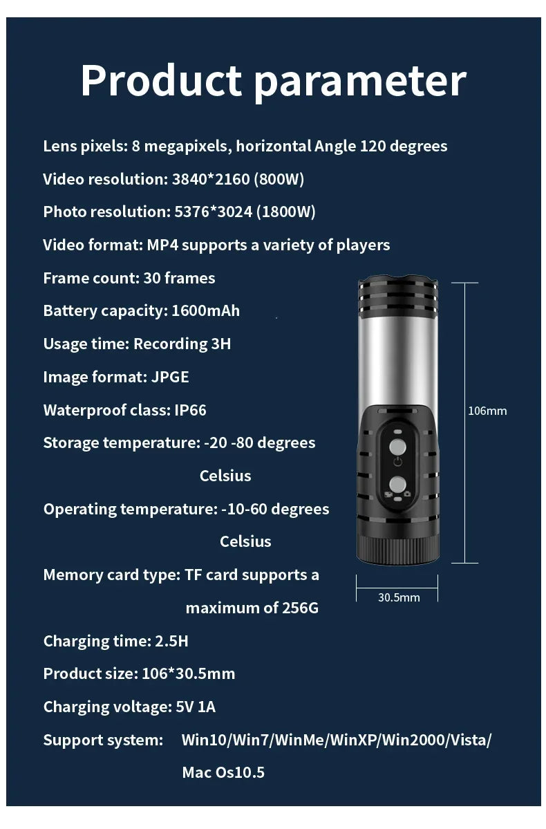 4K Full HD Wifi Portable Camera Waterproof and Anti Shake Sports Cameras Bicycle Motorcycle Helmet Cam Flashlight Camcorder