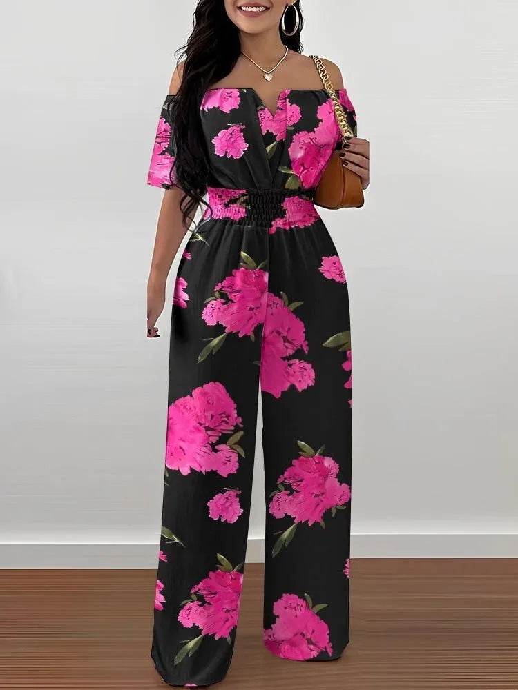 Lady Print High Waist Jumpsuit Sexy Off Shoulder Short Sleeve Wide Leg Pants Jumpsuits Women Fashion Casual Summer Women Clothes - AIAZ
