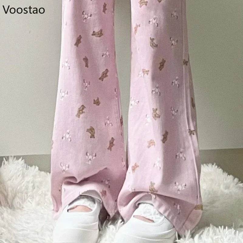 Pink Jeans Women Sweet Cute Cartoon Bear Print High Waist Wide Leg Pants Vintage Girls Casual Y2k Aesthetic Loose Denim Trousers - AIAZ