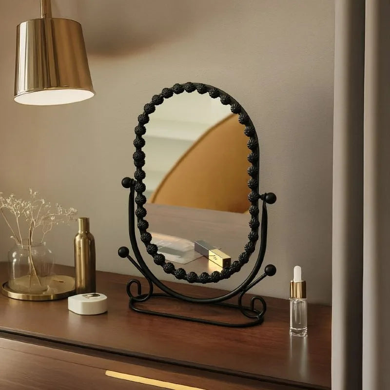 Light Luxury Wrought Iron Vertical Mirror Rotatable Retro Makeup Mirror Bedroom Vanity Mirror Desktop Ornament Photo Props