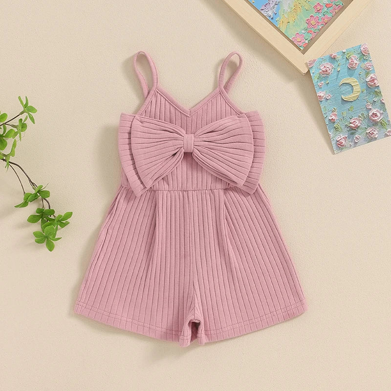 Pudcoco Infant Kids Baby Girl Ribbed Jumpsuit Summer Cute Bow Sleeveless Romper Shorts for Newborn Toddler Cute Clothes 6M-4T