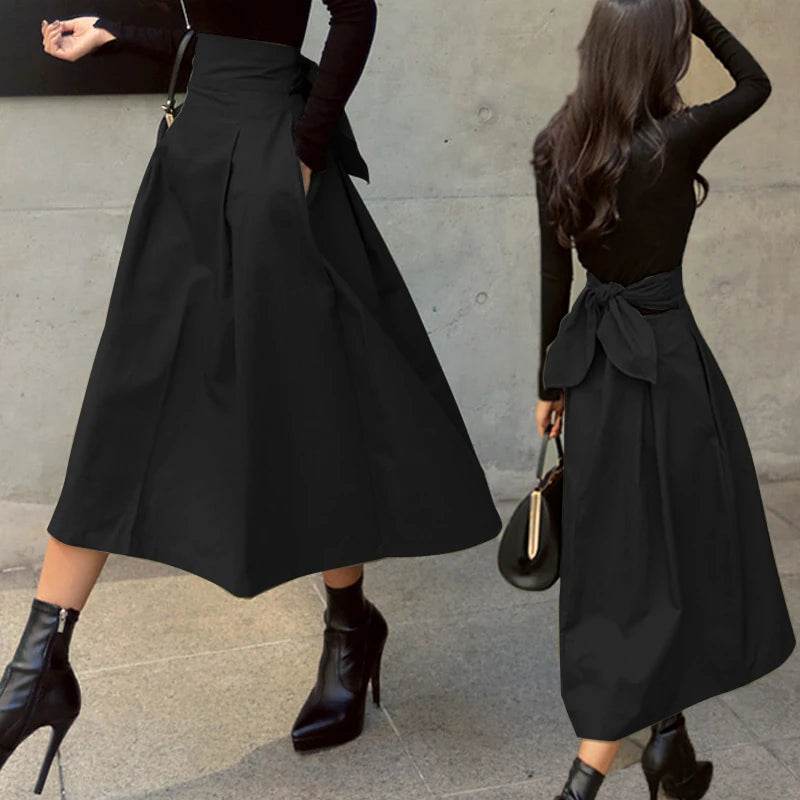 Skirts Womens Korean Fashion Solid Color Big Swing Ladies Skirt Long Skirt 2025 Autumn Wild High Waist Bow Slim Skirts - AIAZ