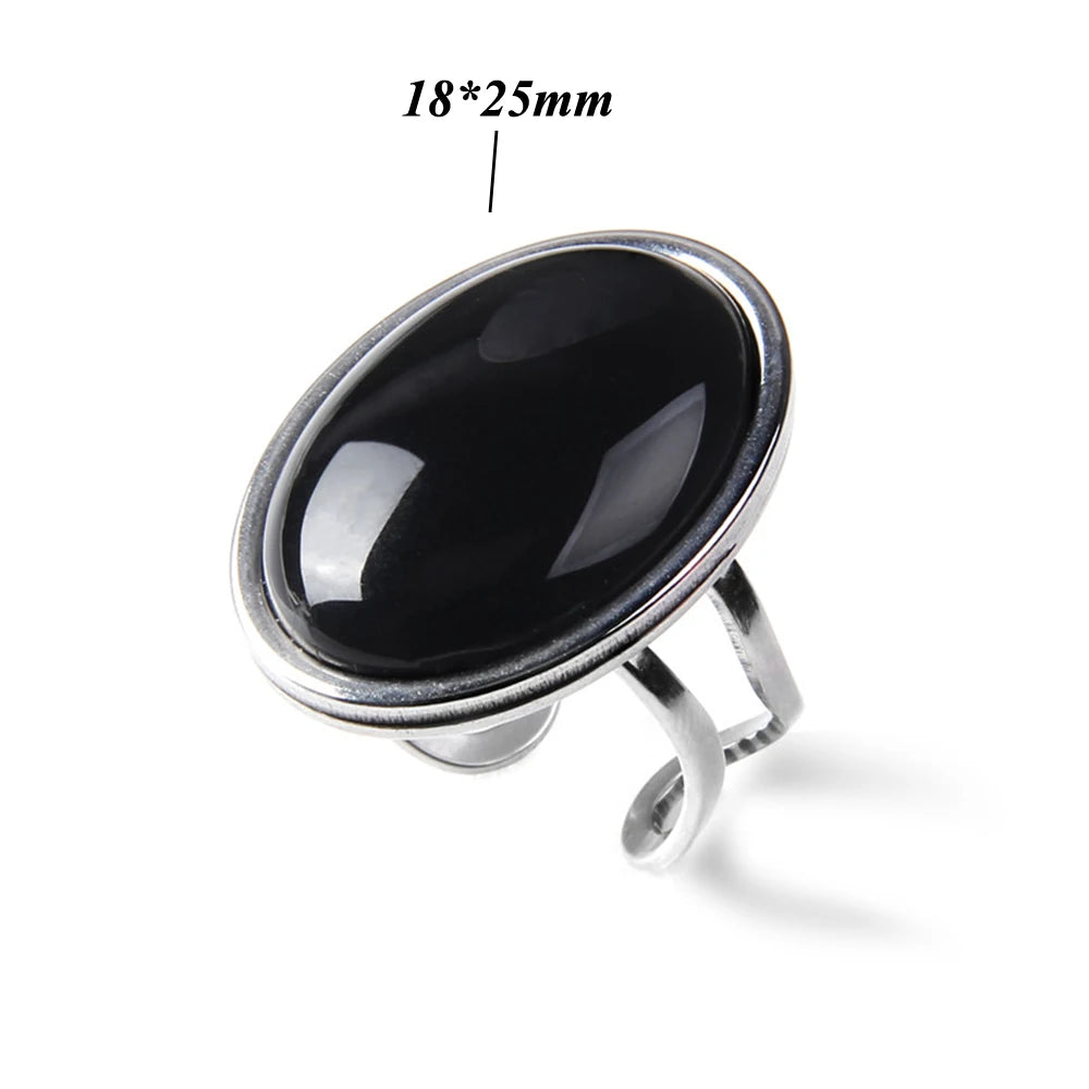Cabochon Natural Stone Ring 10*14MM Oval Agates Turquois Quartzs Gem Finger Ring Silver Color Adjustable Open Rings Jewelry Gift