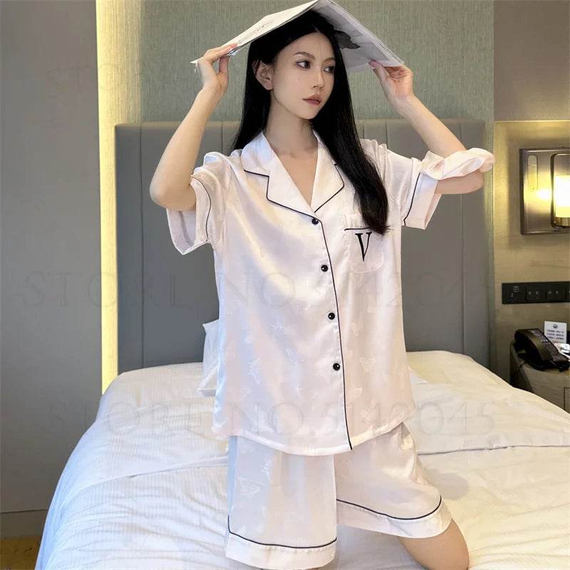 Summer Short Sleeve Pajamas Set Trouser Suits Women Sleepwear Elegant Pink Jacquard Butterfly Pyjama Pour Femme Satin Homewear - AIAZ