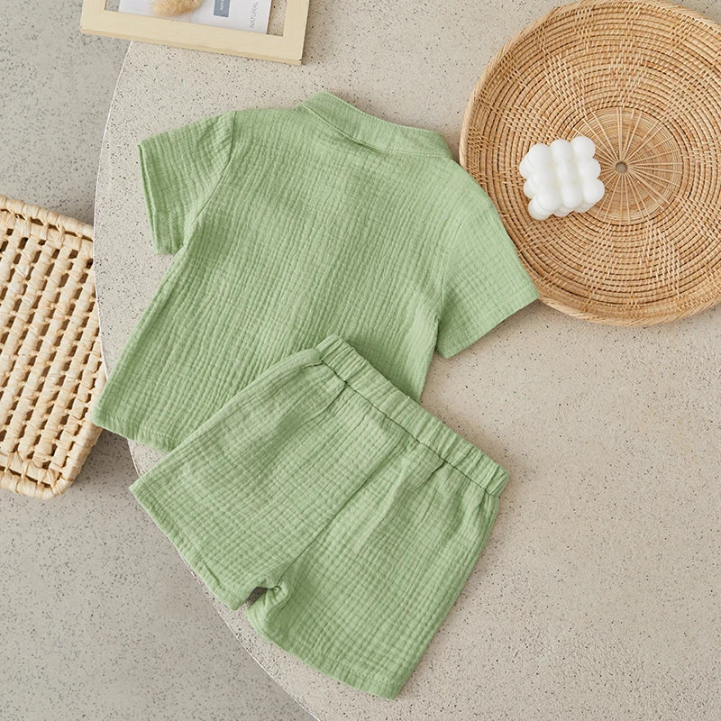 Suefunskry Toddler Boys Summer 2Pcs Casual Outfits Solid Color Short Sleeve Button Tops and Elastic Waist Shorts Sets 6M-4Y