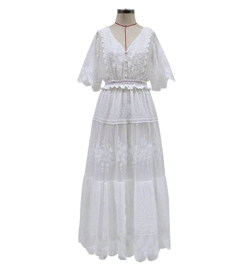 Women's Dress White Hollow Out Cotton Sundress Lace Sleeveless Long Splicing Summer Party Elegant Evening Woman Skirt Clothing - AIAZ
