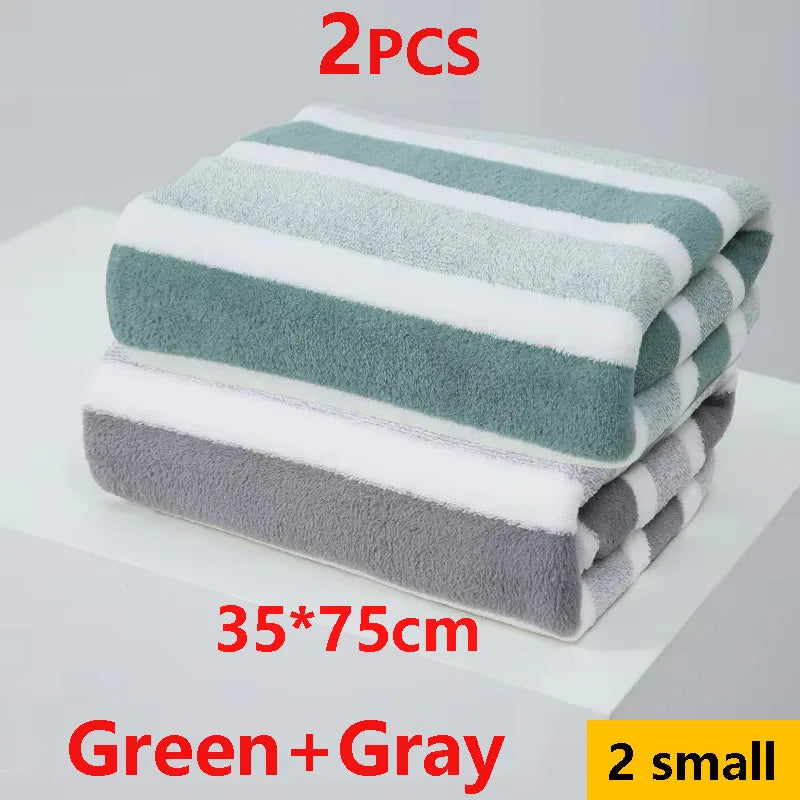 2PCS Thickened Absorbent Bath Towel Striped Pattern Towel Set Soft Face Towel for Home Bathroom Spa Quick Drying Microfiber