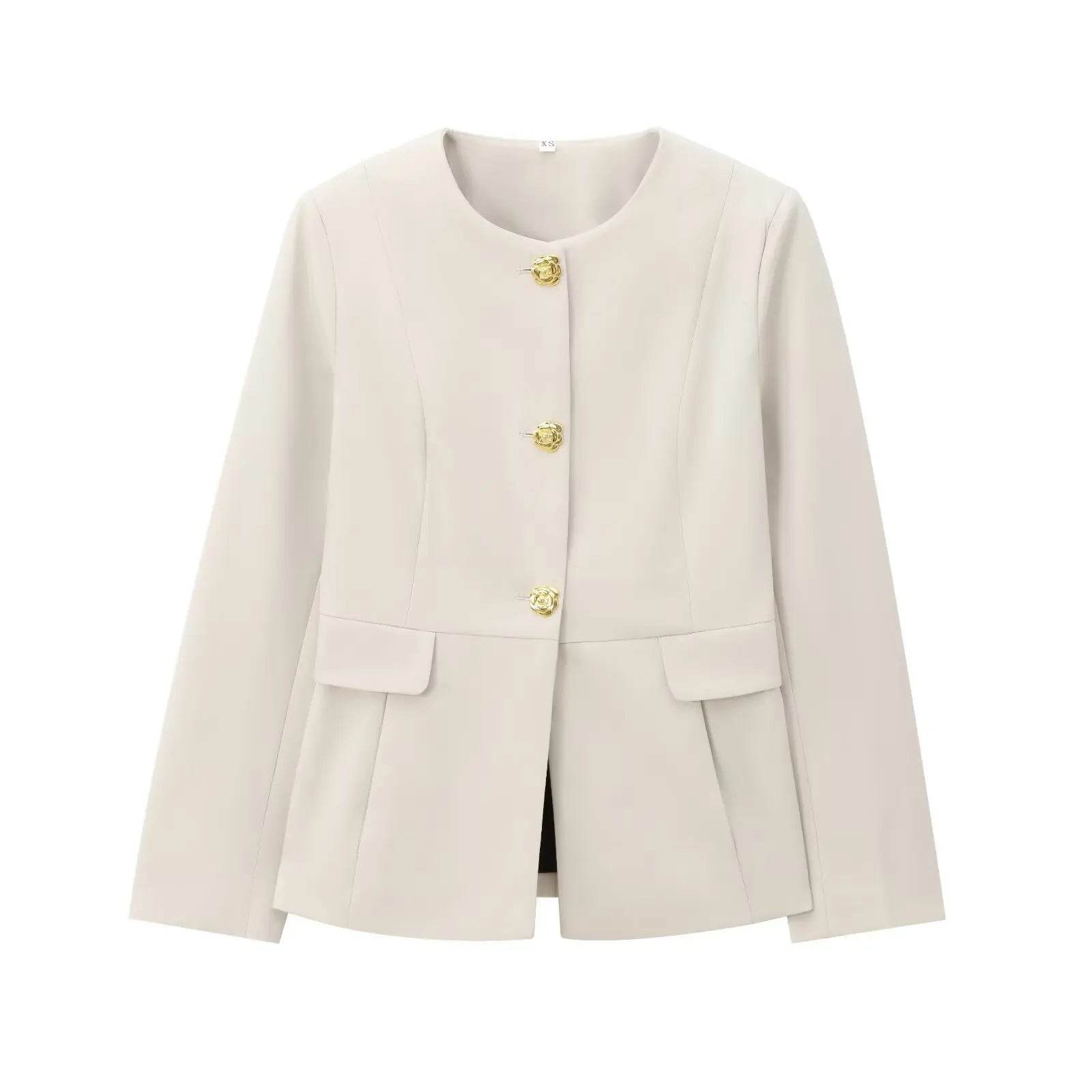 Women's Suit Set Business Formal Blazer & Pants Gold Button Jacket High Waist Straight Leg Office Wear Spring Wrinkle-Resistant - AIAZ