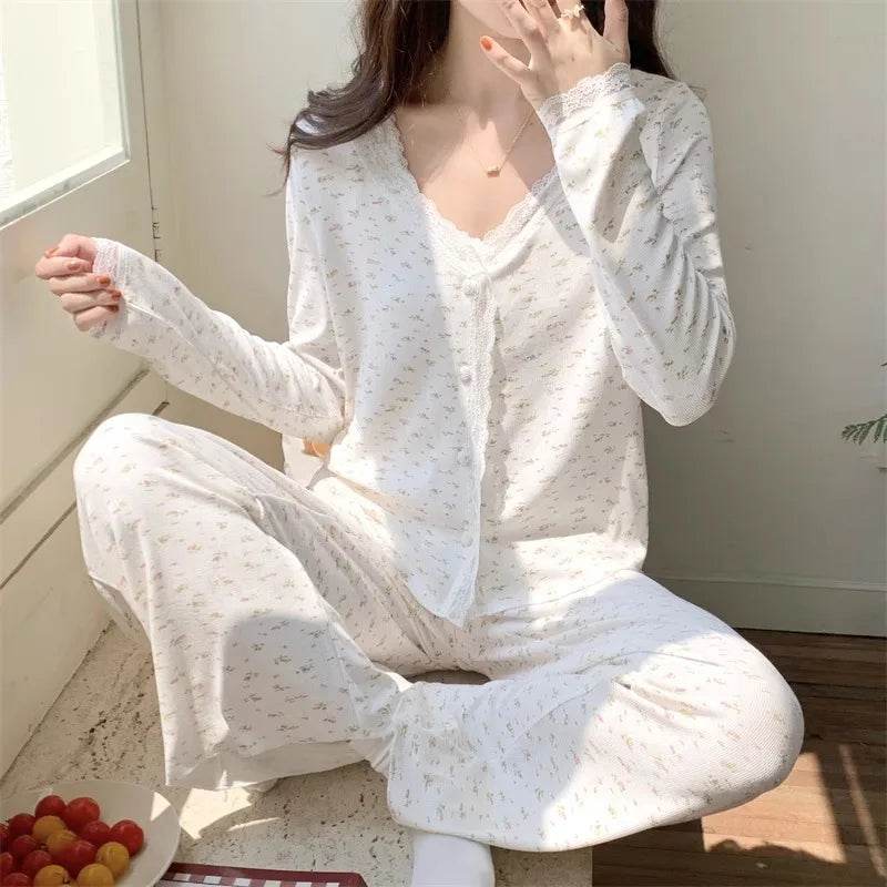 Three-Piece Pajama Set for Women Floral Lace Sweet Cardigan Camisole Homewear Long Sleeves Long Pants Fancy Underwear Ladies - AIAZ