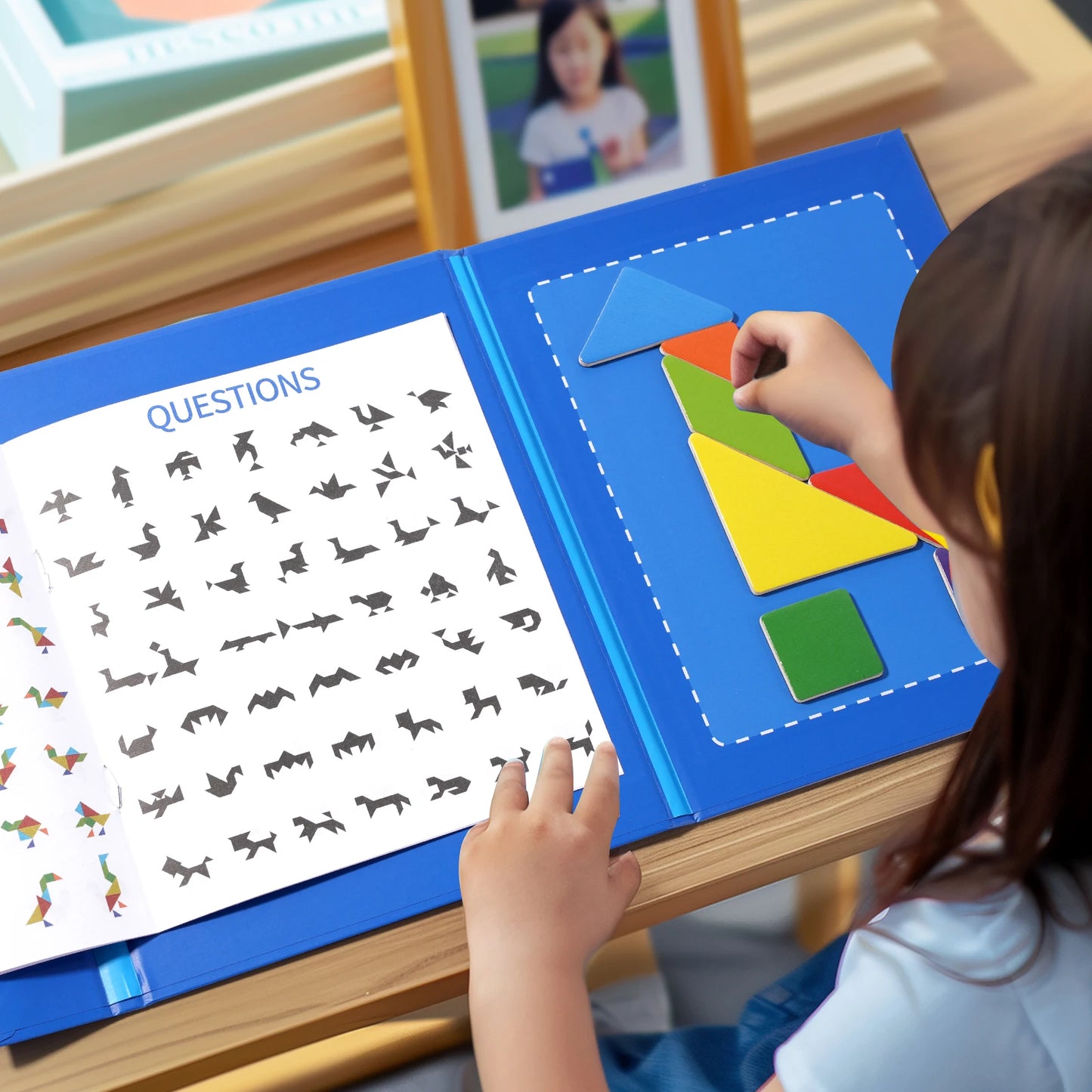 Montessori Wooden Jigsaw Magnetic Tangram Puzzle Book Educational Toys For Kid Learning Logical Game Geometric Shape Block