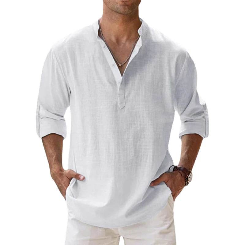 New Cotton Linen Shirts for Men Casual Shirts Lightweight Long Sleeve Henley Beach Shirts Hawaiian T Shirts for Men - AIAZ