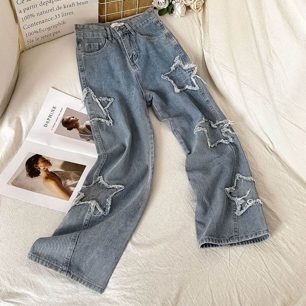 Denim Popular Ins Fashion Korean WIth Star Spring Autumn New High Waist Straight Leg Loose Fitting Jeans - AIAZ