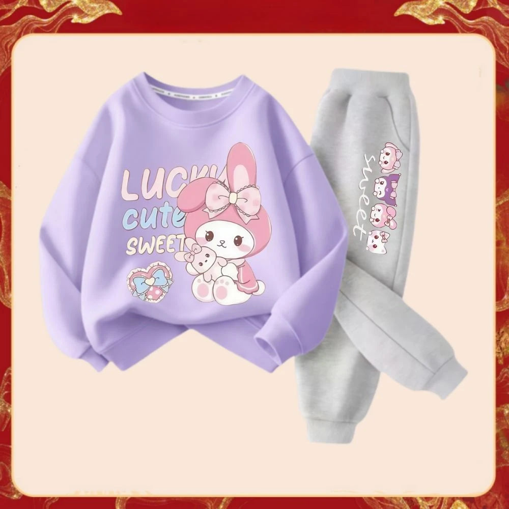 Spring Autumn Children's Sanrio Melody Print Clothes Sets Kids Kawaii Sweatershirts Pullover Tops & Pants 2Pcs Outfit Tracksuit