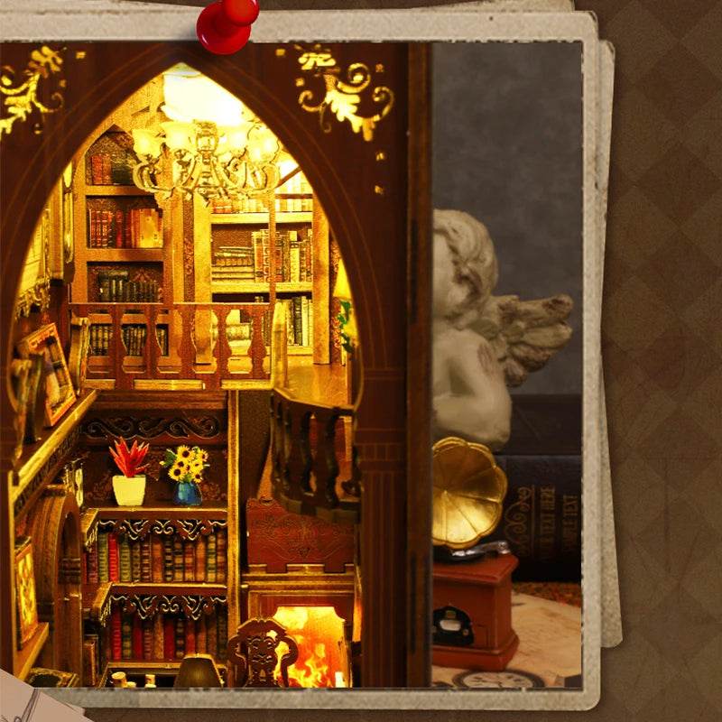 DIY Book Nook Shelf Insert Kit 3D Wooden Puzzle Doll House Assembly Building Model Bookends With Furniture LED Light Xmas Gifts - AIAZ