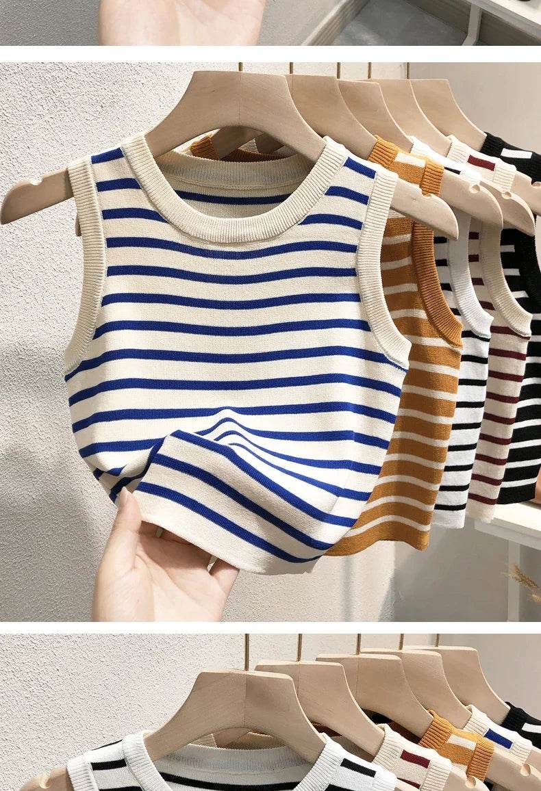 Summer Spring Striped Tank Tops Women Sleeveless Knitted T-Shirts Crop Tops Female Elastic Slim Casual Vests Pullover Camis - AIAZ