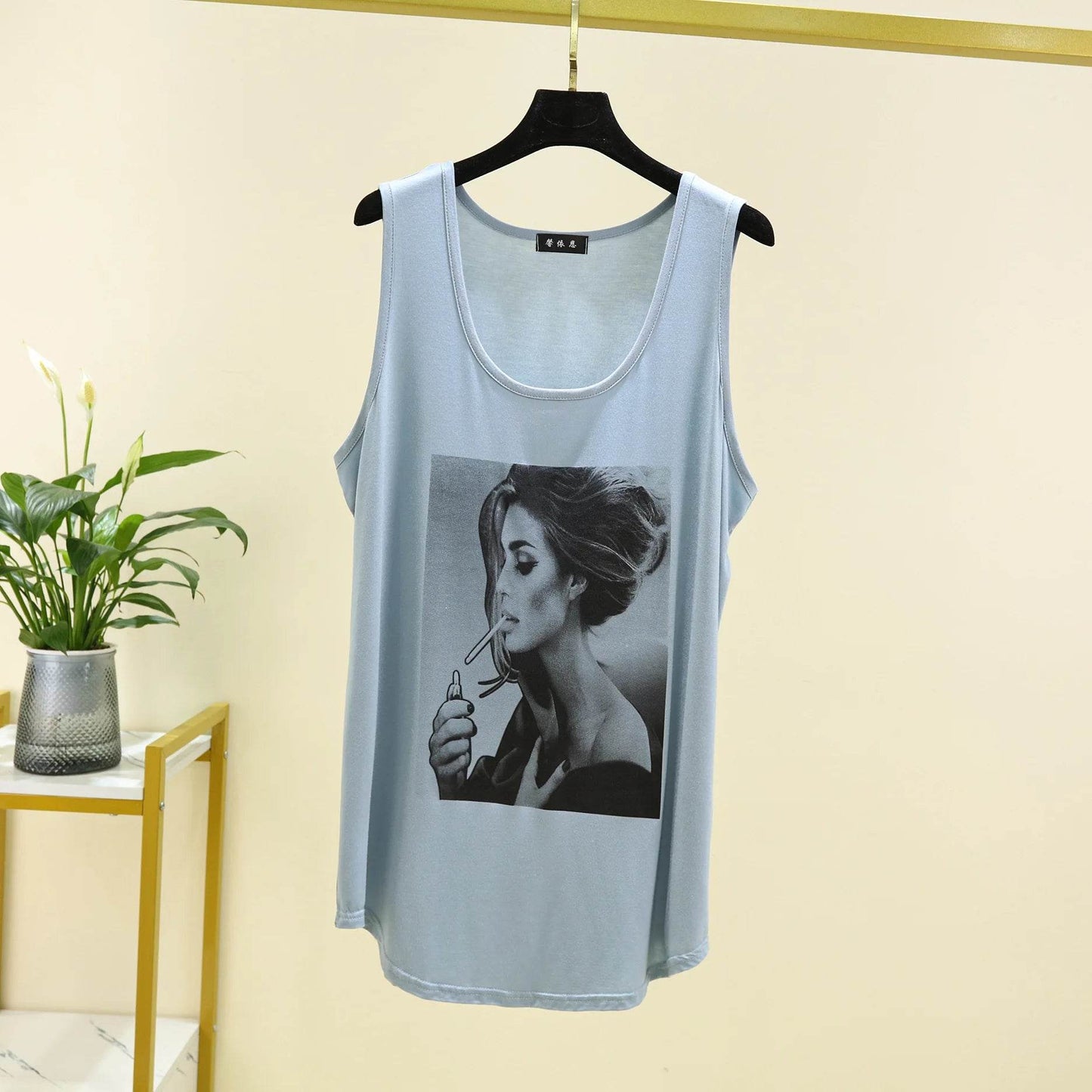 Women Long Tank Tops O-Neck Fashion Print Beauty's Head Casual Loose sleeveless T-shirt streetwear camis tops - AIAZ