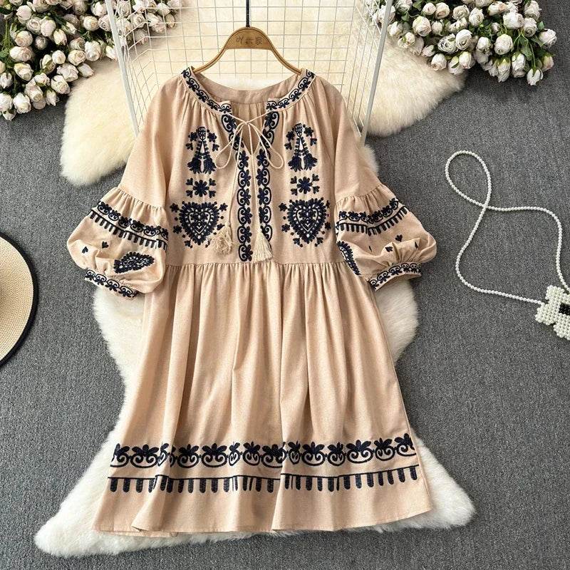 Women's Spring Summer Dress Bohemian Retro Ethnic Style Diamond Cotton Linen Blend Embroidered Lantern Sleeves Mini Dress A20 - AIAZ