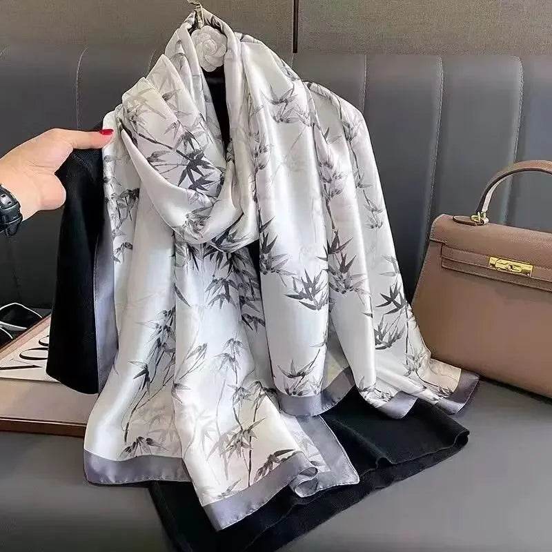 New Summer Women's Silk Scarf Sun Protection Satin Print Extra Long Beach Cover Up Decorative Mom's Shawl Fashionable Accessory - AIAZ
