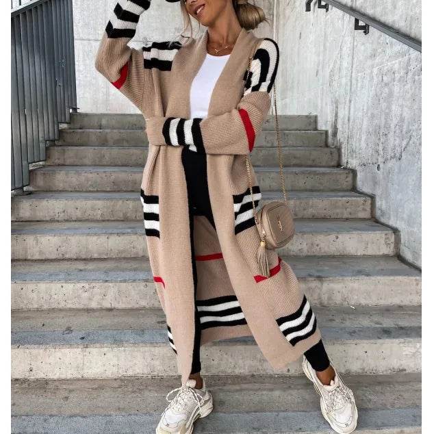 Women Sweater Spring Autumn Cardigan Coats Casual Stripes Knitted Cardigan Clothes Women Oversized Cardigan Long Sweater Coat - AIAZ