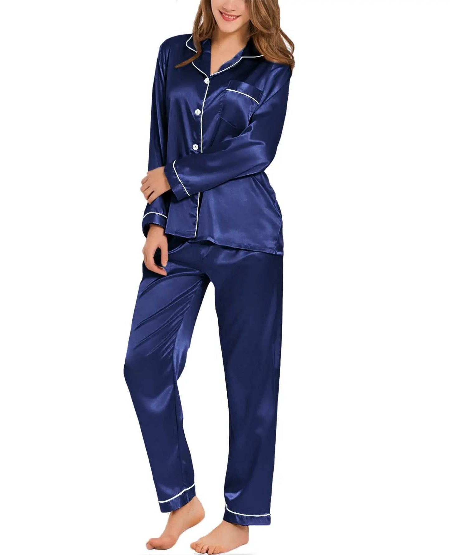 Womens Silk Satin Pajamas Loungewear Two-piece Sleepwear Button-Down Full Sleeve Long Pj Set - AIAZ