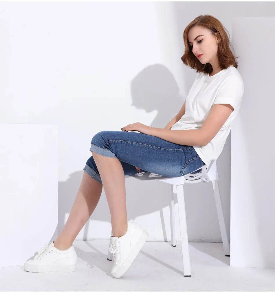 Woman's Jeans Black Denim Pants Ladies Cropped Trousers Skinny Knee Length Jeans Women Elastic High Waist Mom Jeans Oversize - AIAZ