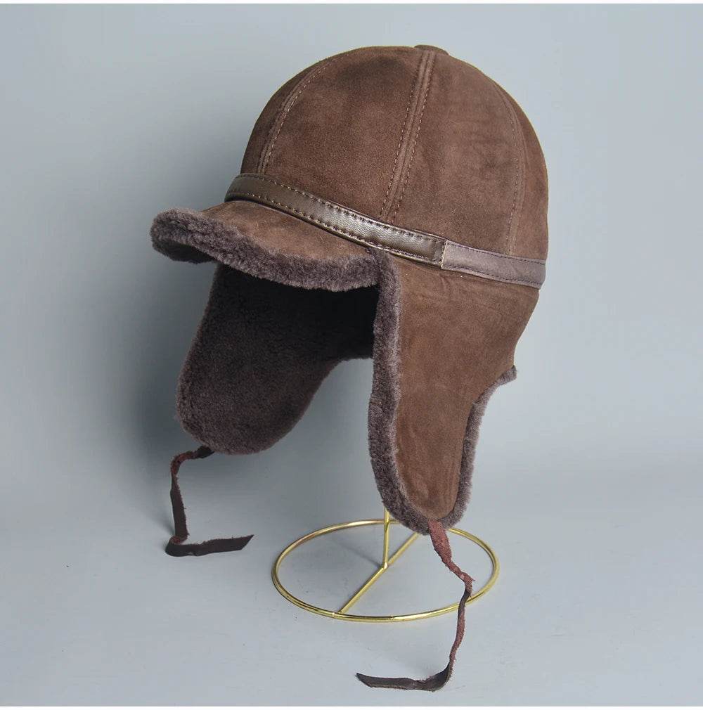 High Quality 2025 Winter Leather Hat Men Fur Lamb Wool Warm Thick Earflaps Bomber Hats Men's Baseball Cap Russian Hat - AIAZ