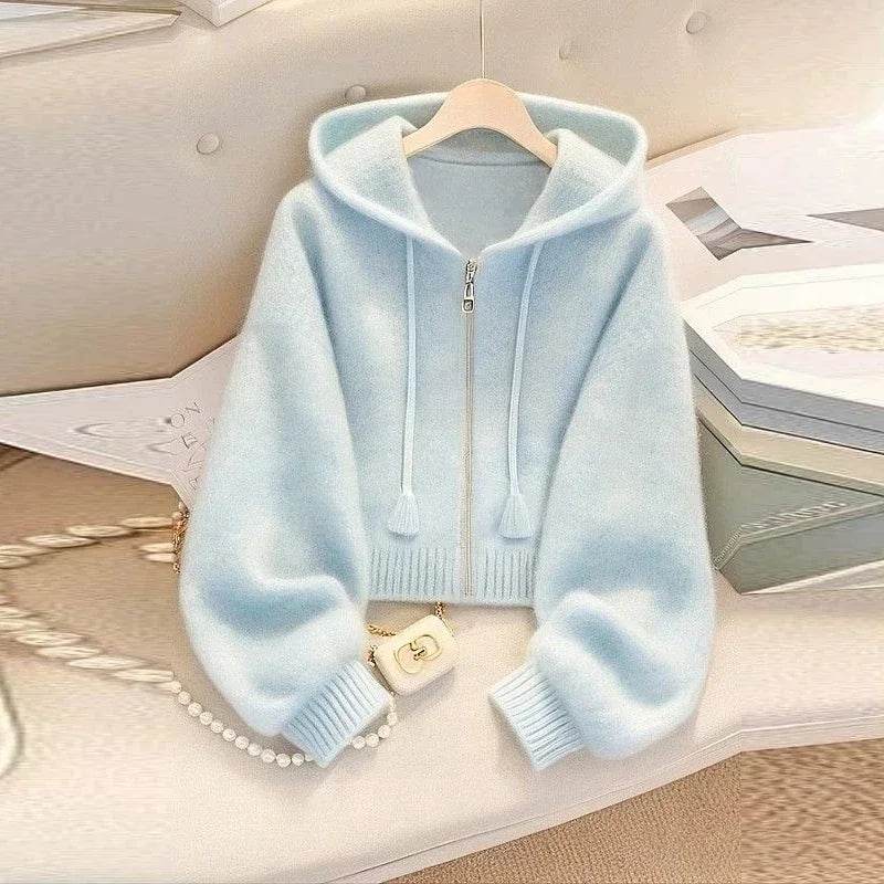 New Soft Blue Cardigan Sweaters Women Long Sleeve Elegant Knitted Jacket Sweet Design Female Casual Hooded Outwear Tops - AIAZ