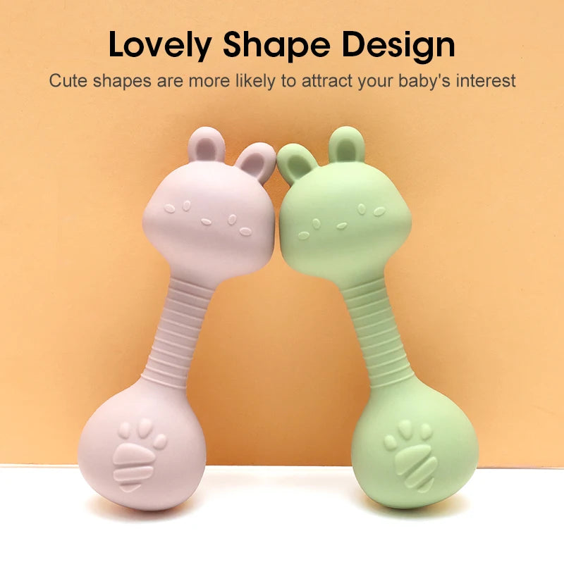 Food-Grade Baby Bunny Silicone Rattle Teether – Dumbbell Shape for Easy Grip, Handheld Toy for Infants