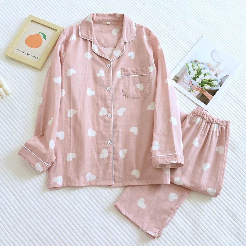 New Spring and Autumn Pajama Set Women's 100% Cotton Long Sleeve Pants Two Piece Love Lovely Sweet Home Furnishing Set - AIAZ