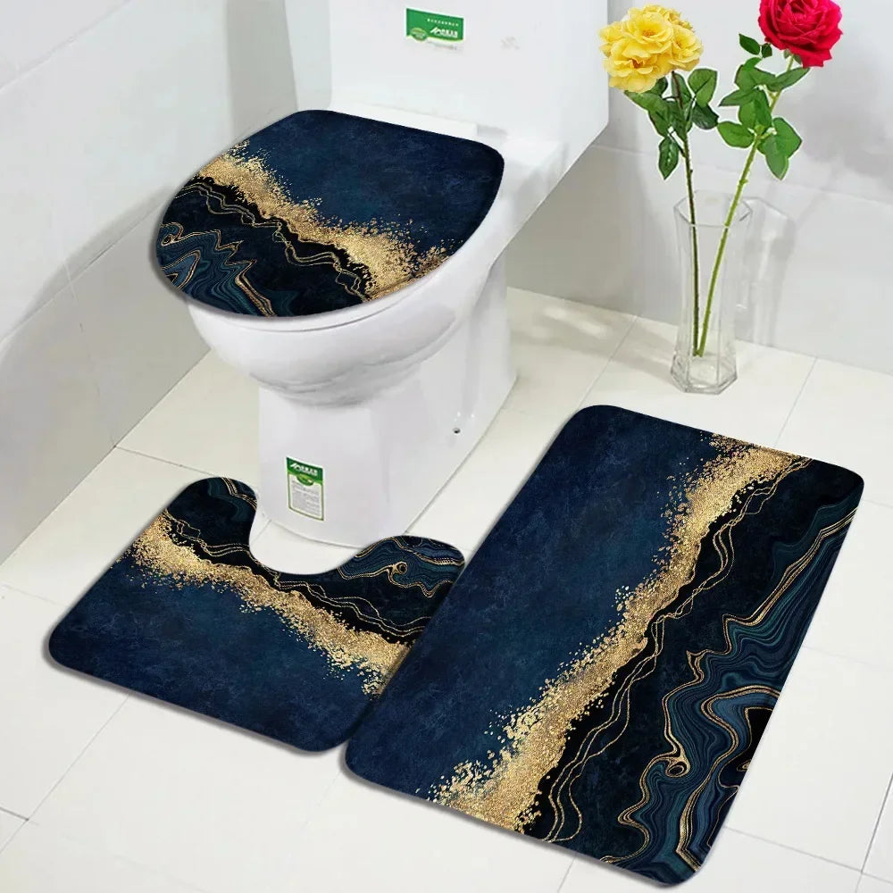 Abstract Marble Bath Mat Sets Modern Geometric Gold Lines Blue Texture Pattern Bathroom Decor Carpet Non-Slip Rugs Toilet Cover