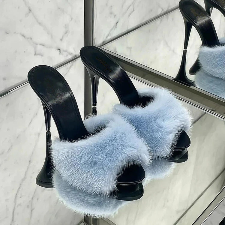 Thin high-heeled slippers summer new round-toed fish mouth fur leather fashion slippers banquet dress mink fur women's sandals