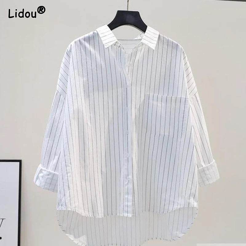 Women's Clothing 2023 Striped Simplicity Fashion Casual Spring Summer Thin Pockets Turn-down Collar Button Loose Formal Blouses - AIAZ