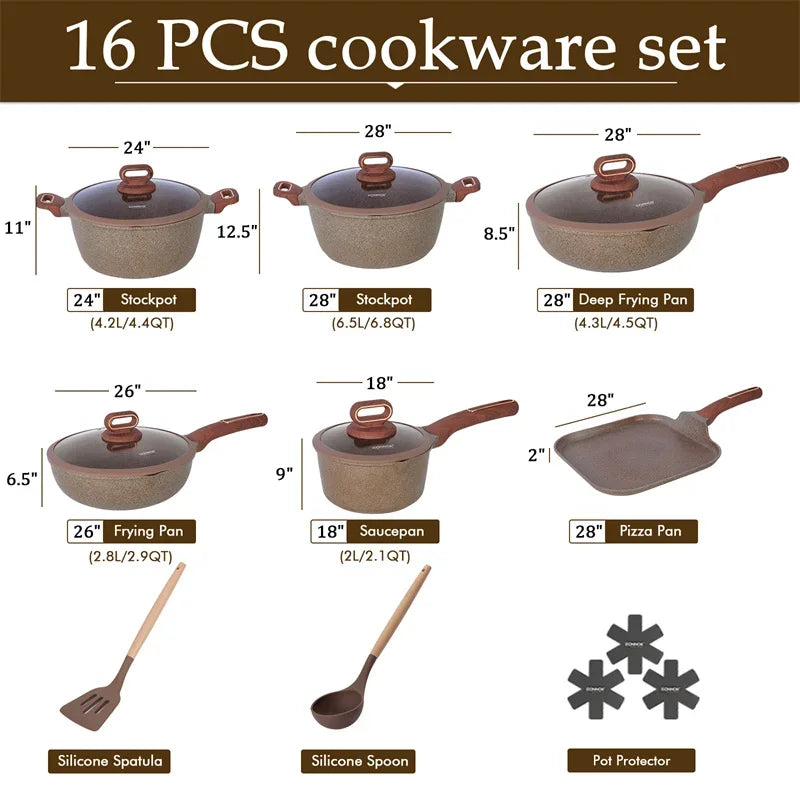 DONNOR 16Pcs/set Pot Set Home Nonstick Beef Steak Frying Pan Stewed Pot with Silicone Spatula and Glass Lid Kitchen Cookware Set
