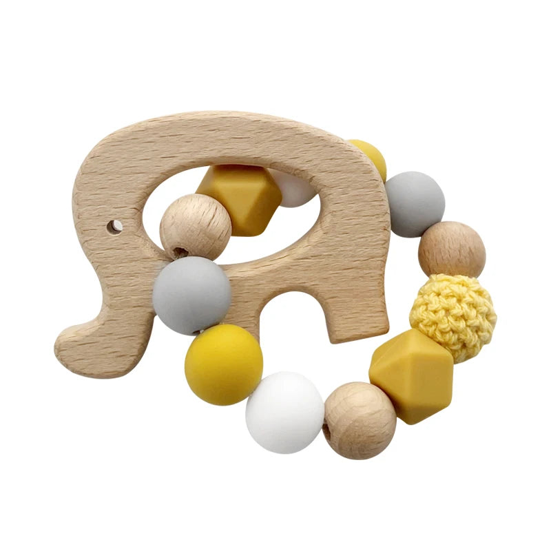 Baby Teether Bracelet Crochet Wood Crafts Engraved Bead Food Grade Silicone Beads Wood Animal Pendant Teething Toys For Rattle