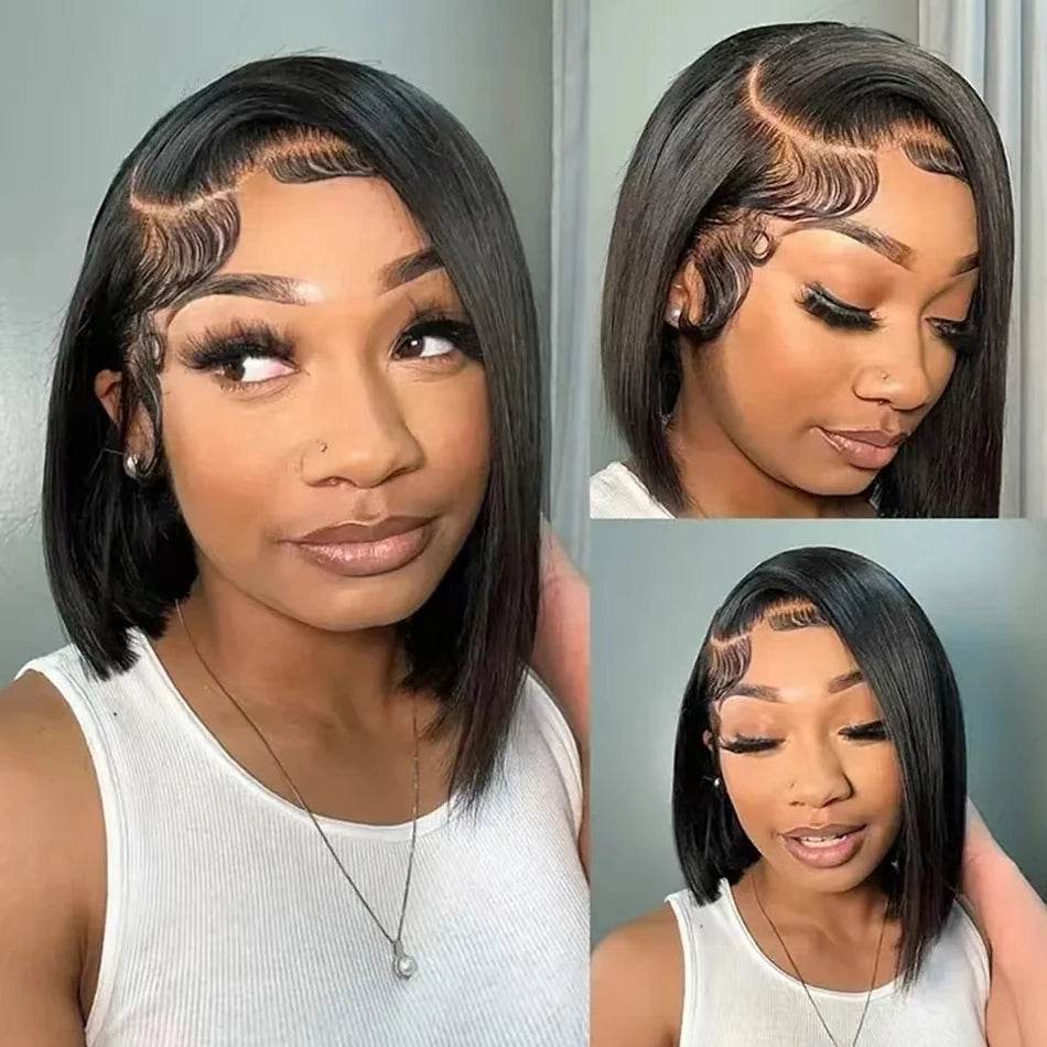13x4 Bone Straight Bob Wig Lace Front Human Hair Wigs 4x4 Short Bob Wig Lace Frontal Wig 100% Human Hair 200% Density 12 14 Inch - AIAZ