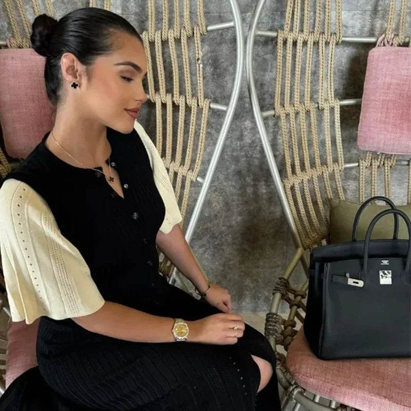 Elegant Knit Dress For Women White Slim O-neck Single Breasted Short Sleeve Long Dresses Female 2025 Spring Fashion Lady Robe - AIAZ