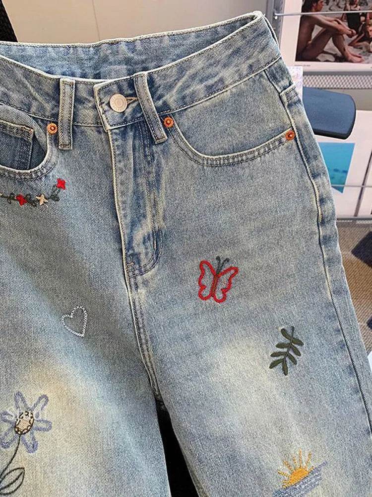Vintage Embroidered Jeans Trousers For Women Summer 2025 New Korean Fashion High Waist Straight Retro Casual Denim Pants - AIAZ