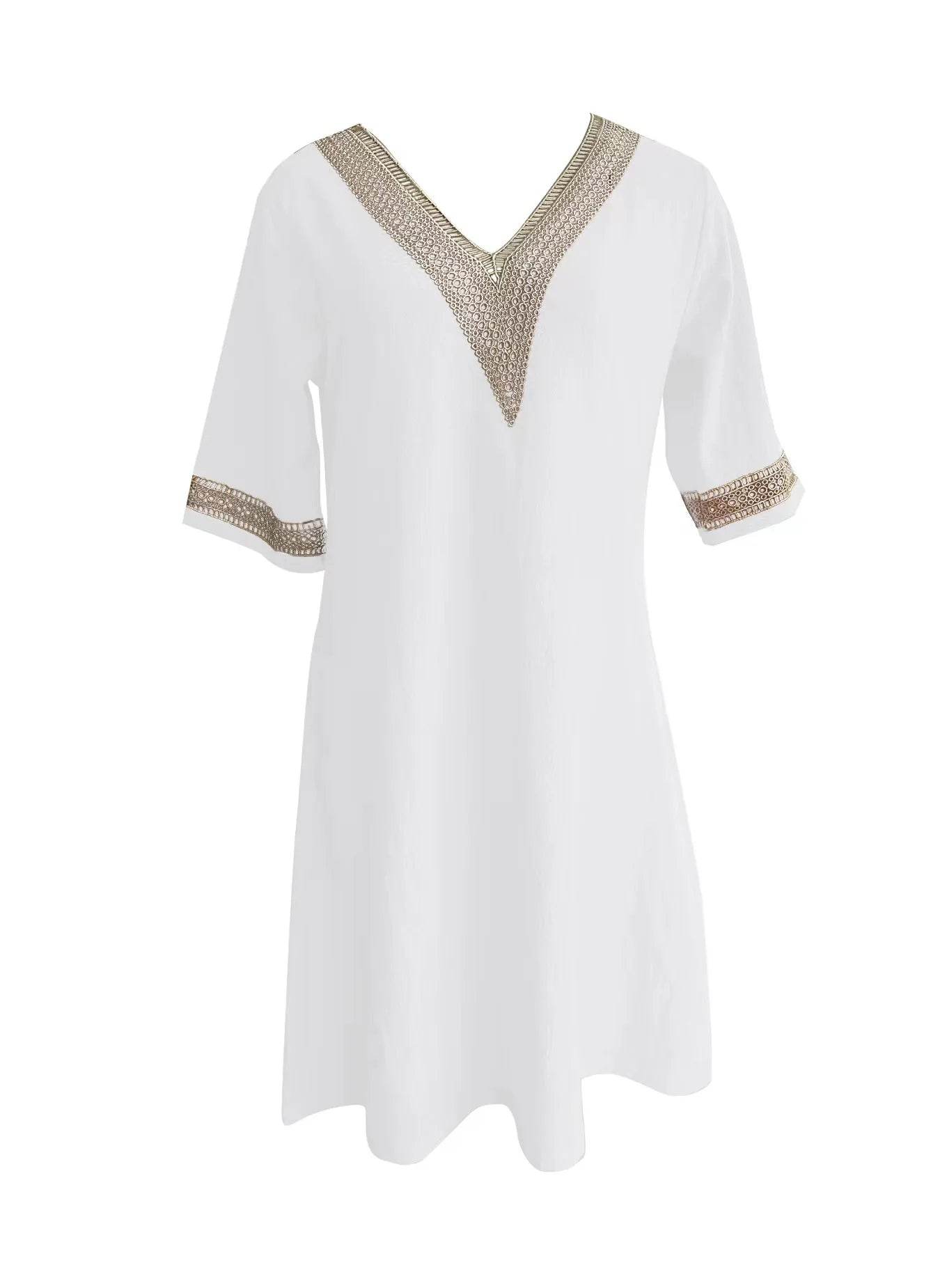 Women Cotton Linen Dress 2025 Summer Sexy V-neck White Dress Elegant Luxury Casual Solid Color Mid-Sleeve Female Y2k Streetwear - AIAZ