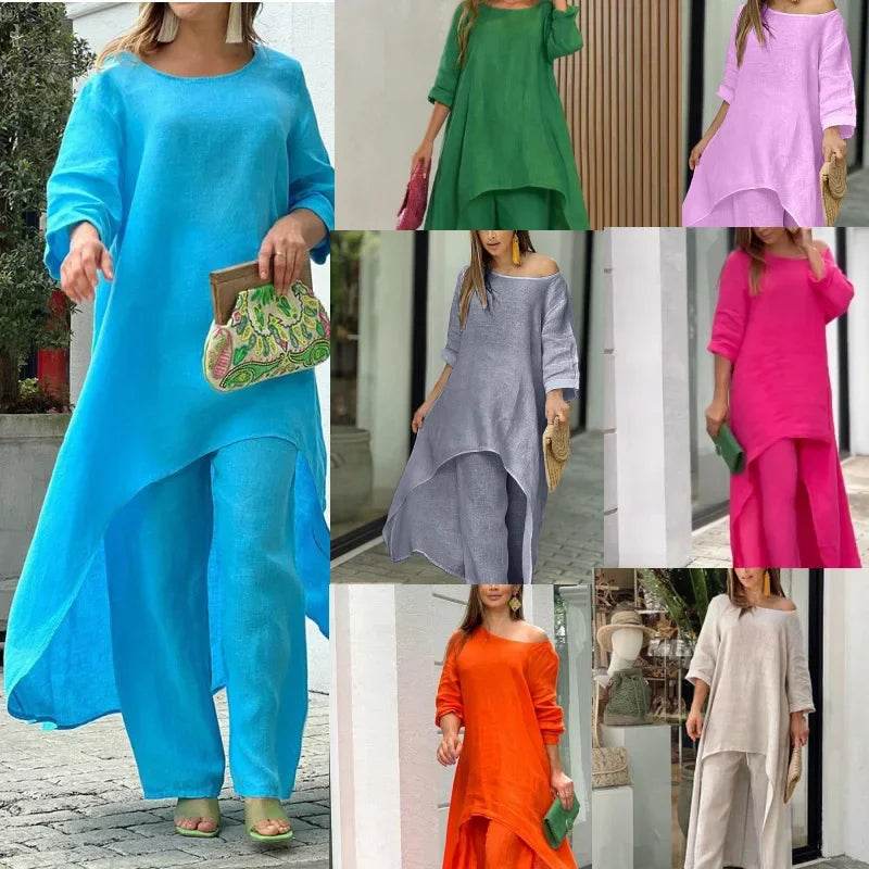 Women's Sets 2 Pcs Sale Casual O-Neck Long Sleeve Asymmetrical Dress& High Elastic Waist Wide Leg Solid Pant Suits Plus Size - AIAZ