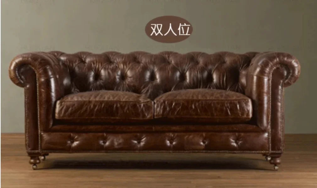 Imitation Oil Wax Leather Vintage Style Roll Arm Chesterfield Sofa Living Room Furniture de Salon