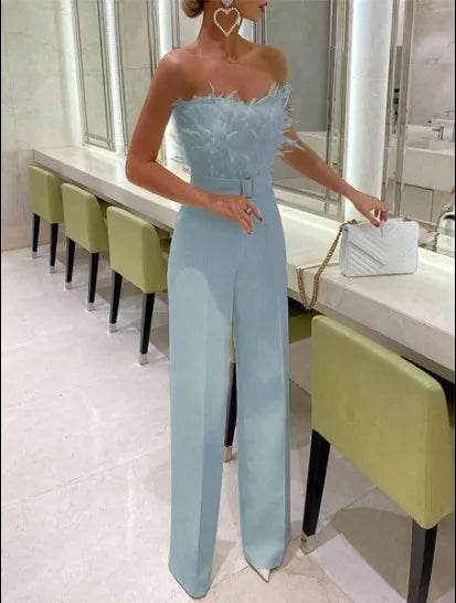 Jumpsuit Women Elegant Long Jumpsuit Strapless Slash Neck Feather Tube Top Sexy Fashion Party Night Evening Jumpsuit 2021 Summer - AIAZ