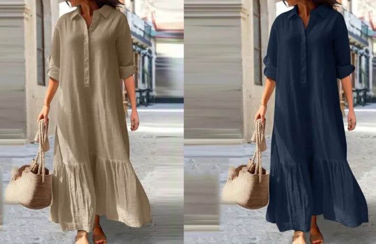 2025 Women's Linen Shirt Dress - Asymmetrical Hem Button Down Casual Dress - AIAZ