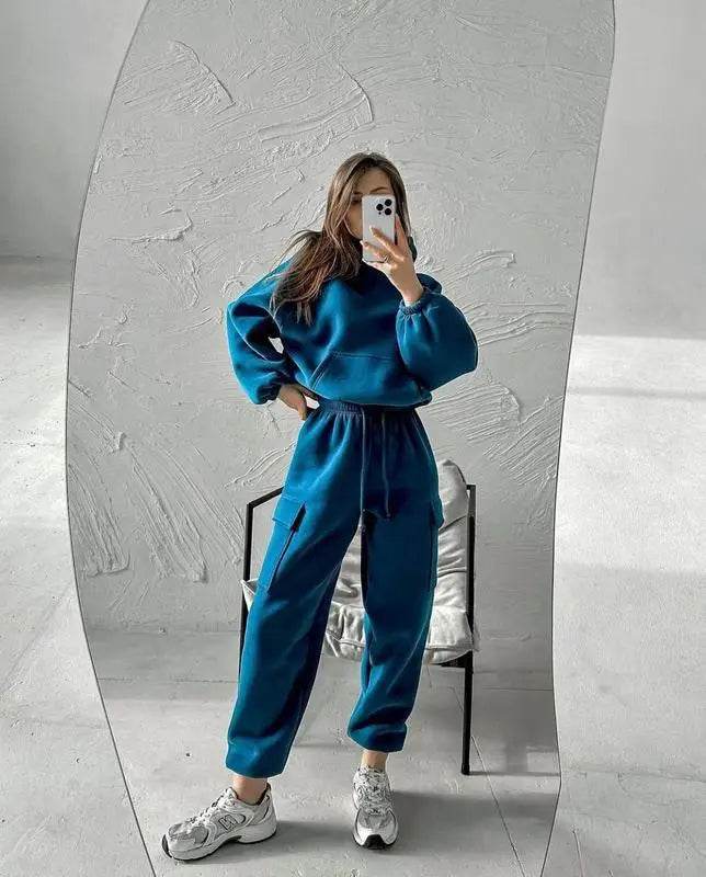 Hoodies Suit Winter Autumn Solid Casual Tracksuit Women Fleece 2 Pieces Set Sports Sweatshirts Pullover Jogger Sweatpants Outfit - AIAZ