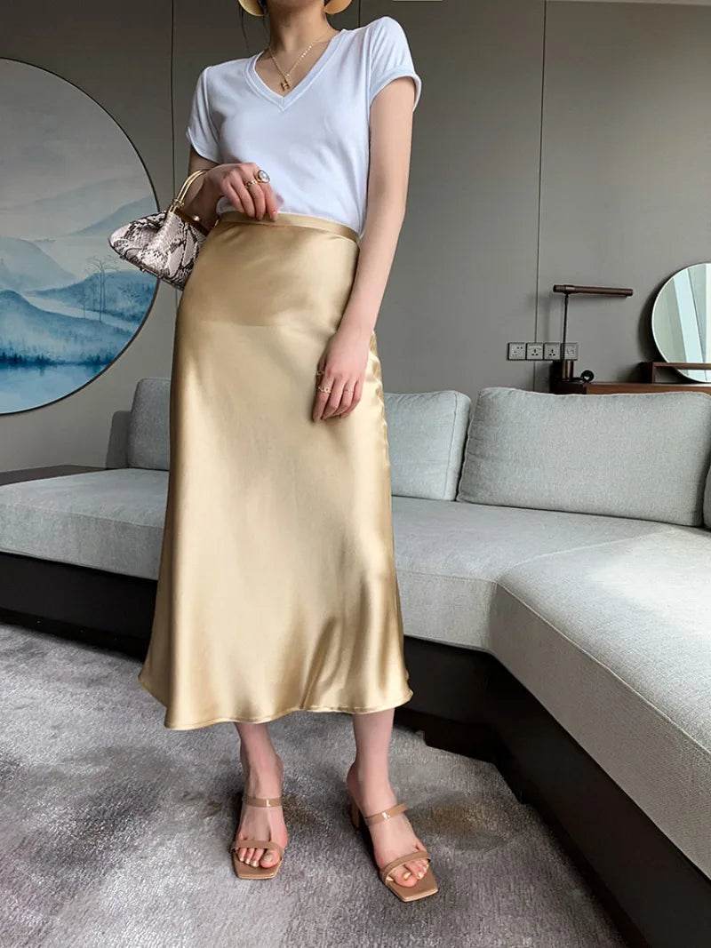 High Waisted Satin Long Skirts for Women Spring/Summer New 2025 Women's Skirt A-line Fashion Elegant Slim Fit Grey Black Skirt - AIAZ