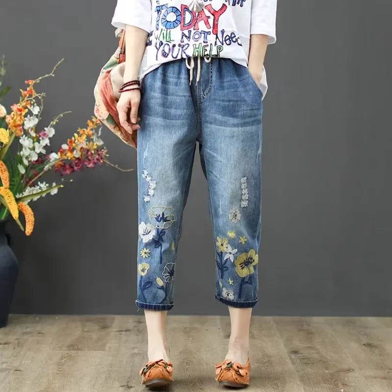 Womens Vintage Floral Loose Denim Pants 2025 Spring Chinese Style Casual Ripped Blue Jeans Holes Elastic Harem Trousers - AIAZ