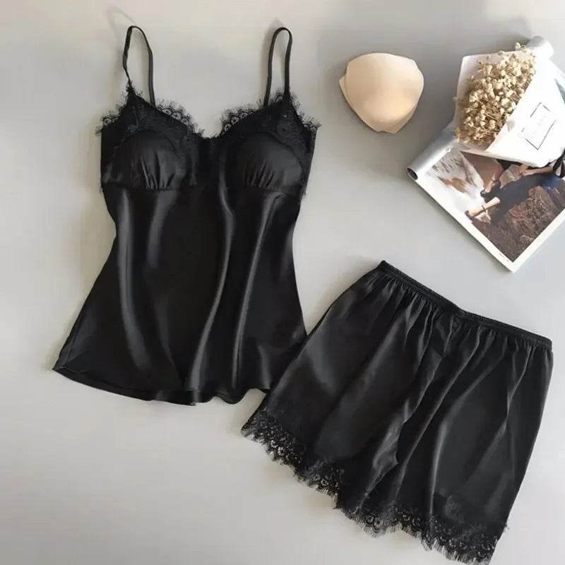 Women Pajama Suit Fashion V-Neck Stretch Satin Babydoll Lace Sexy Lingerie Bowknot Pyjamas Sleep Shorts Set Sleepwear New - AIAZ
