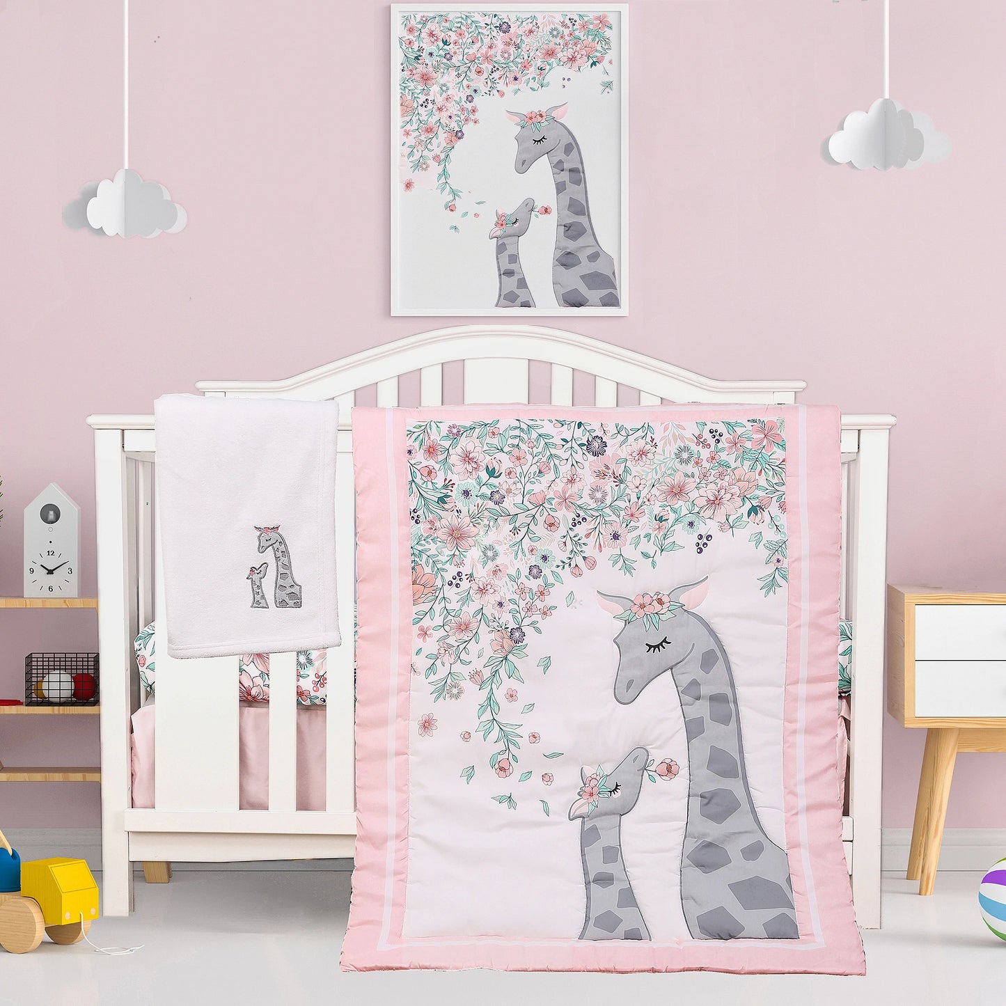 4Pcs Baby Bedding Crib Set Nursery Bedding Set Cot Bedding Set Infant Nursery Room (Comforter Fitted Sheet Crib Skirt Blanket)